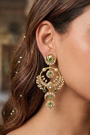 Gold Finish Emerald & Kundan Polki Chandbali Earrings