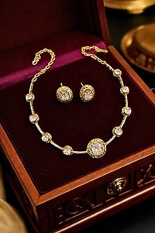Antique Gold Finish Zircon & Champagne Kundan Polki Choker Necklace Set