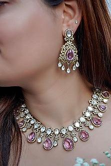 Antique Gold Finish Pastel Pink Stone & Kundan Polki Choker Necklace Set