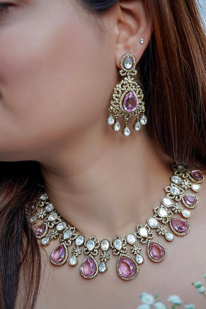 Antique Gold Finish Pastel Pink Stone & Kundan Polki Choker Necklace Set