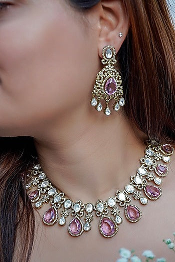 Antique Gold Finish Pastel Pink Stone & Kundan Polki Choker Necklace Set