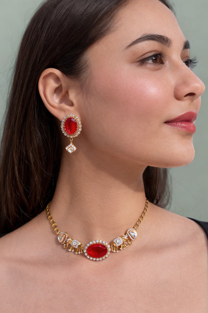 Gold Finish Kundan Polki & Ruby Choker Necklace Set