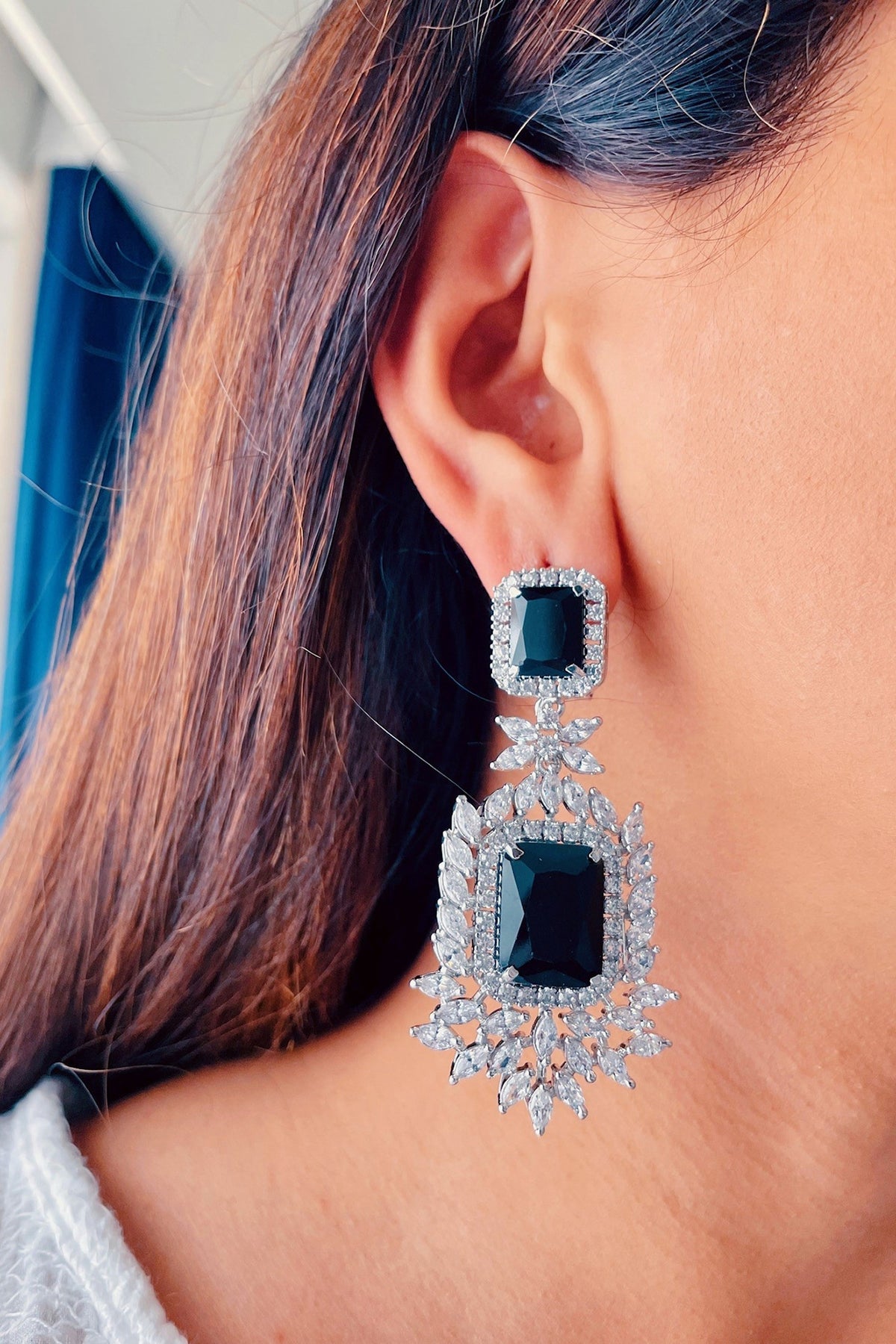 White Finish Sapphire Diamante & Zircon Dangler Earrings