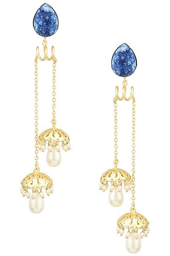 Matte Finish Blue Stone and Jhumki Drops Earrings