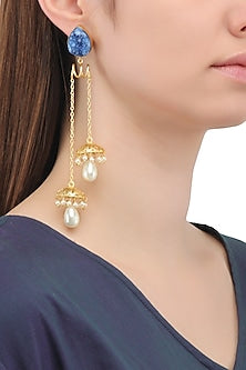 Matte Finish Blue Stone and Jhumki Drops Earrings