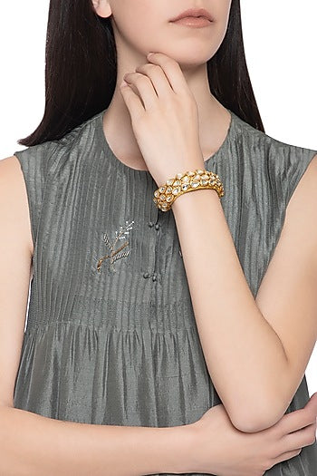 Gold plated 3 line kundan and zari bracelet
