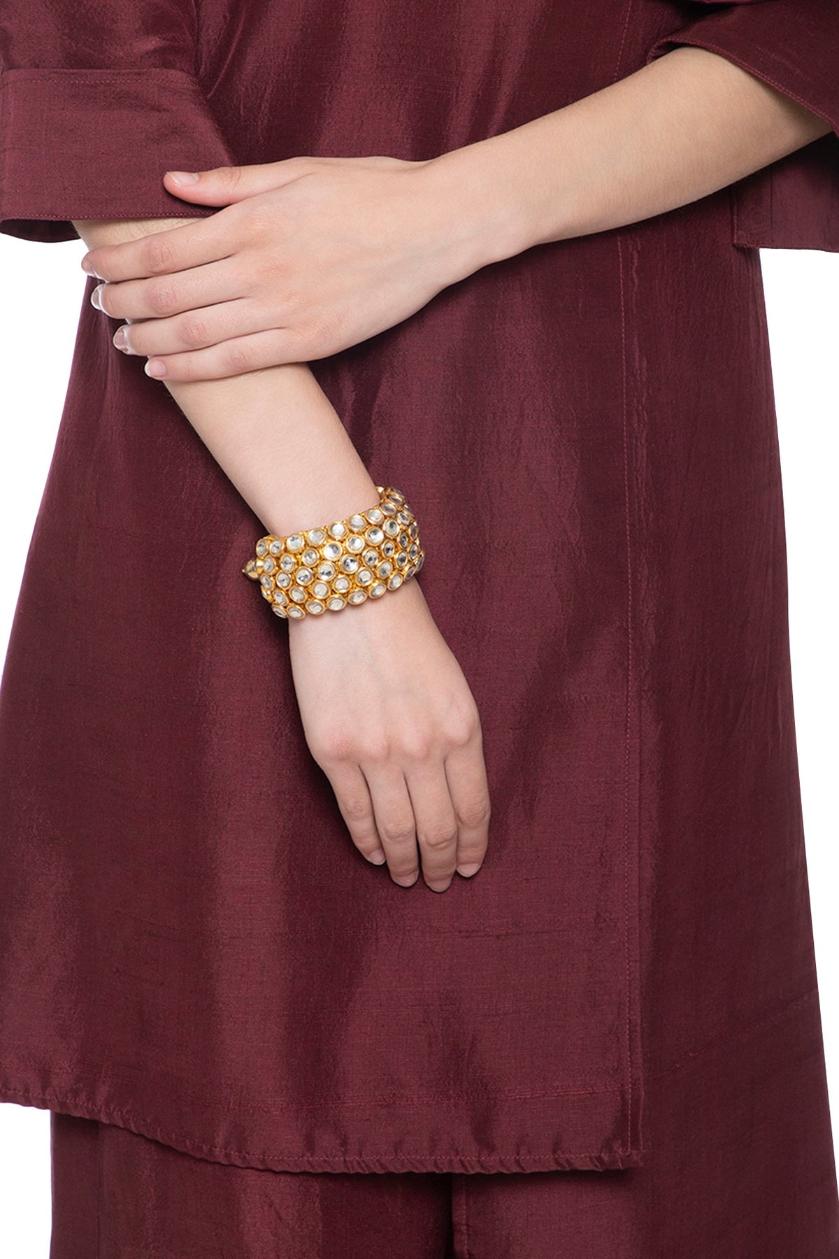 Gold plated 5 line kundan and zari bracelet
