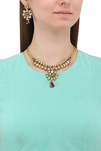 Matte Finish Zircons and Polki Necklace Set