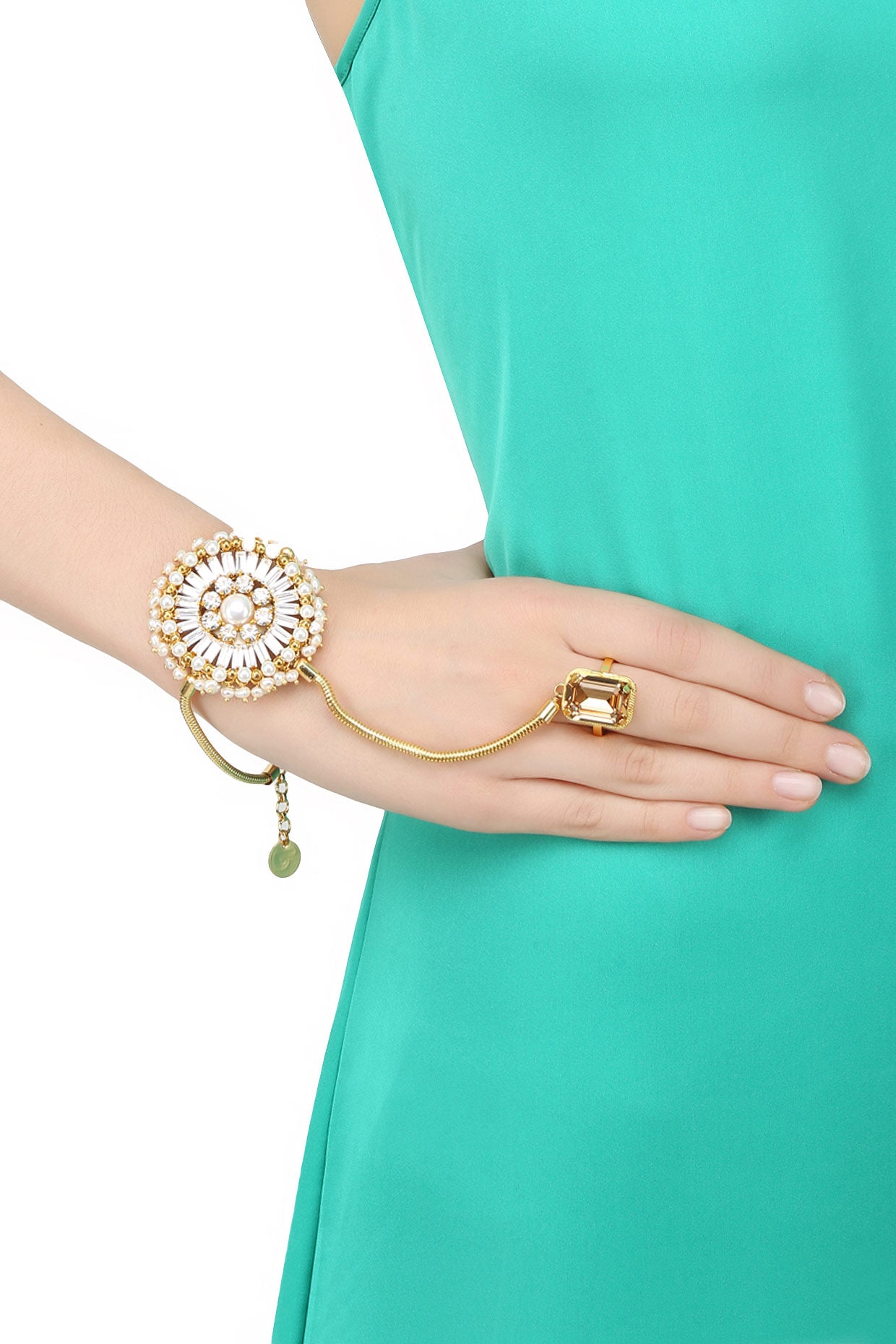 Gold Plated Swarovski Crystal London Eye Hand Harness With Ring