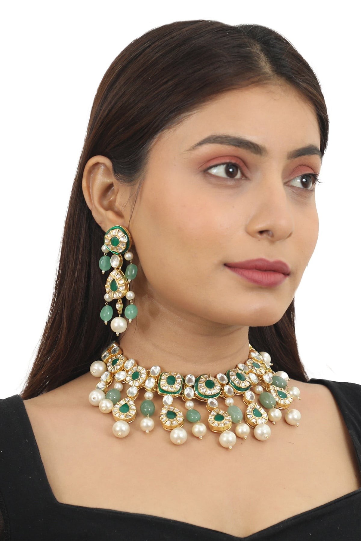 Stone Embellished Carved Necklace Set 