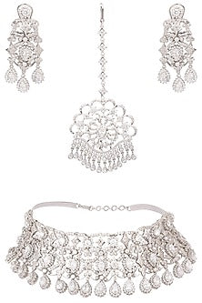 Silver platinum plated swarovski choker necklace and maang tikka set