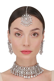 Silver platinum plated swarovski choker necklace and maang tikka set