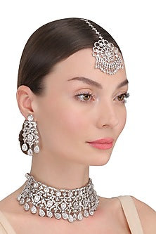 Silver platinum plated swarovski choker necklace and maang tikka set