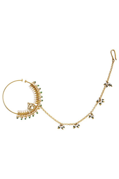 Gold Plated Green Beads and Pearls Nose Ring