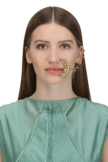 Gold Plated Green Beads and Pearls Nose Ring