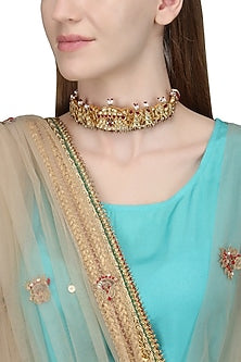 Gold Plated White and Red Kundan Choker Necklace