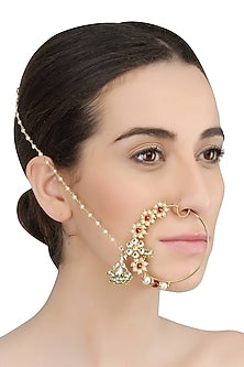 Gold Plated Handcrafted Kundan, Emerald And Stimulated Rubies Studded Mughal Bridal Nath