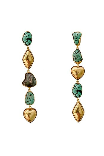 Gold Finish Turquoise & Heart Charm Dangler Earrings