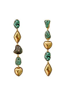 Gold Finish Turquoise & Heart Charm Dangler Earrings