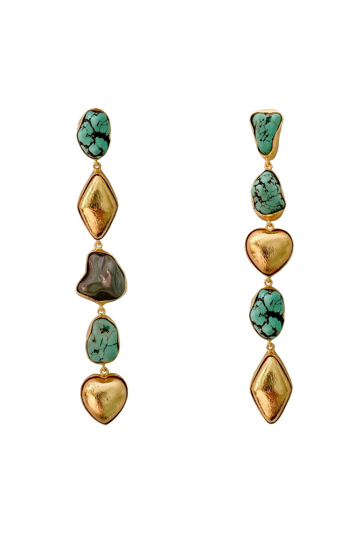 Gold Finish Turquoise & Heart Charm Dangler Earrings