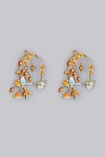 Gold Finish Meenakari Earrings With Ear Cuffs
