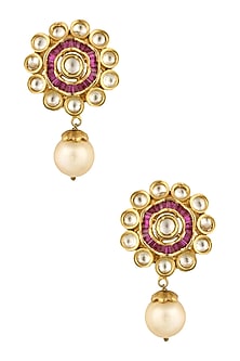 Gold Finish Kundan Crystal and Pink Cubic Zircon Earrings
