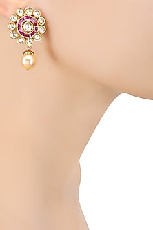 Gold Finish Kundan Crystal and Pink Cubic Zircon Earrings