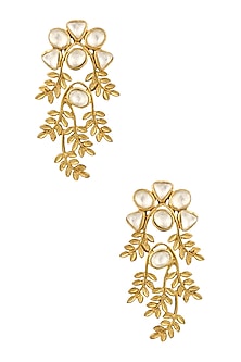 Gold Finish Kundan Crystal Leaf Motif Earrings