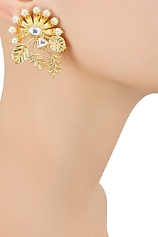 Gold Finish Kundan Crystal and Pearl Leaf Earrings