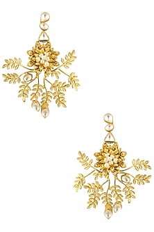 Gold Finish Kundan Crystal and Pearl Leaf Motif Earrings