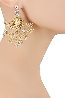 Gold Finish Kundan Crystal and Pearl Leaf Motif Earrings