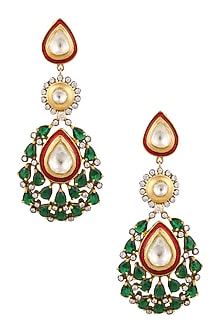 Matte Gold Finish Green Onyx and Kundan Crystal Earrings