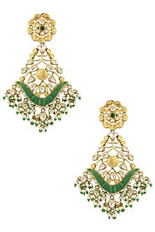Matte Gold Finish Green Stone and Kundan Crystal Danglers Earrings
