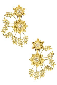 Matte Gold Finish Kundan Crystal Leaf Motif Earrings