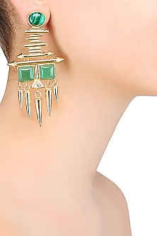 Gold Matte Finish Malachite And Deco Glass Earrings
