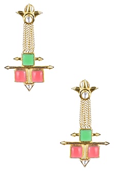 Gold Matte Finish Colored Deco Glass Chains Earrings
