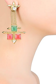 Gold Matte Finish Colored Deco Glass Chains Earrings