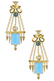 Gold Matte Finish Blue Deco Glass And Malachite Earrings