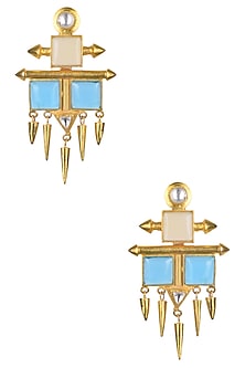 Gold Matte Finish Blue Deco Glass Hanging Spikes Earrings