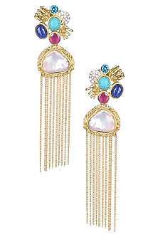 Gold Matte Finish Colored Glass Stone And Baroque Pearl Tassel Earrings