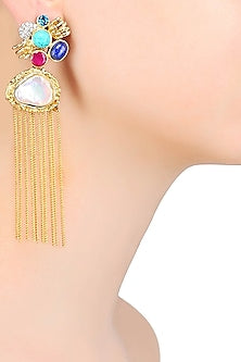 Gold Matte Finish Colored Glass Stone And Baroque Pearl Tassel Earrings