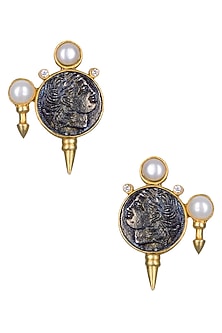 Antique Coin Motif Pearl Knobs Earrings