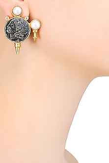 Antique Coin Motif Pearl Knobs Earrings
