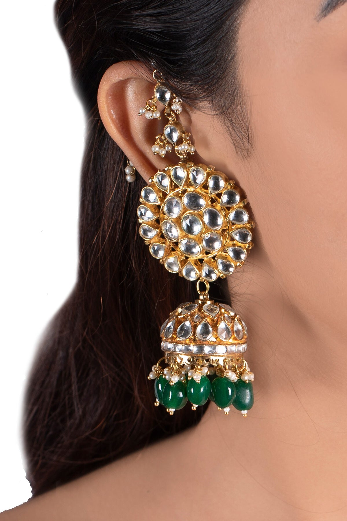 Floral Stone Ear Chain Jhumkas 