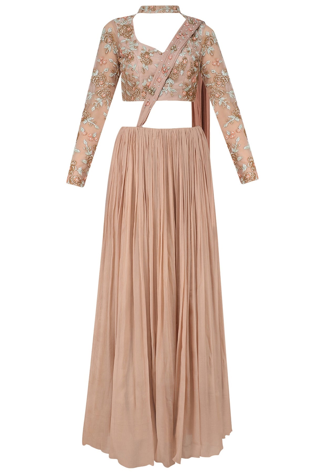 Nude Rose Embroidered Choker Crop Top with Crushed Skirt