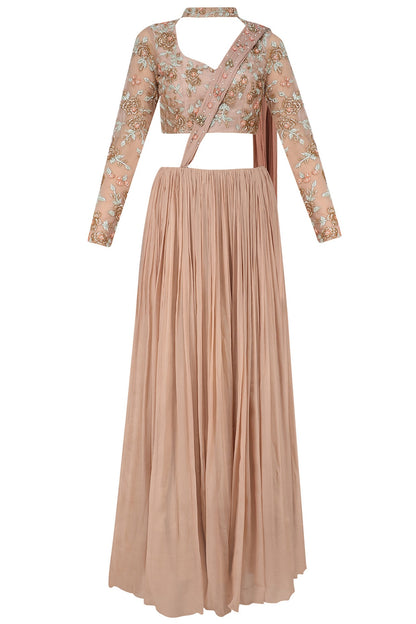 Nude Rose Embroidered Choker Crop Top with Crushed Skirt