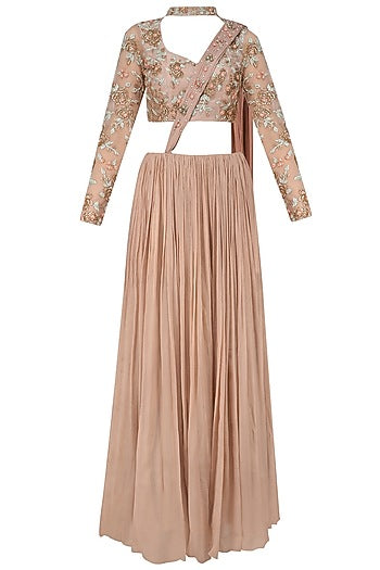 Nude Rose Embroidered Choker Crop Top with Crushed Skirt