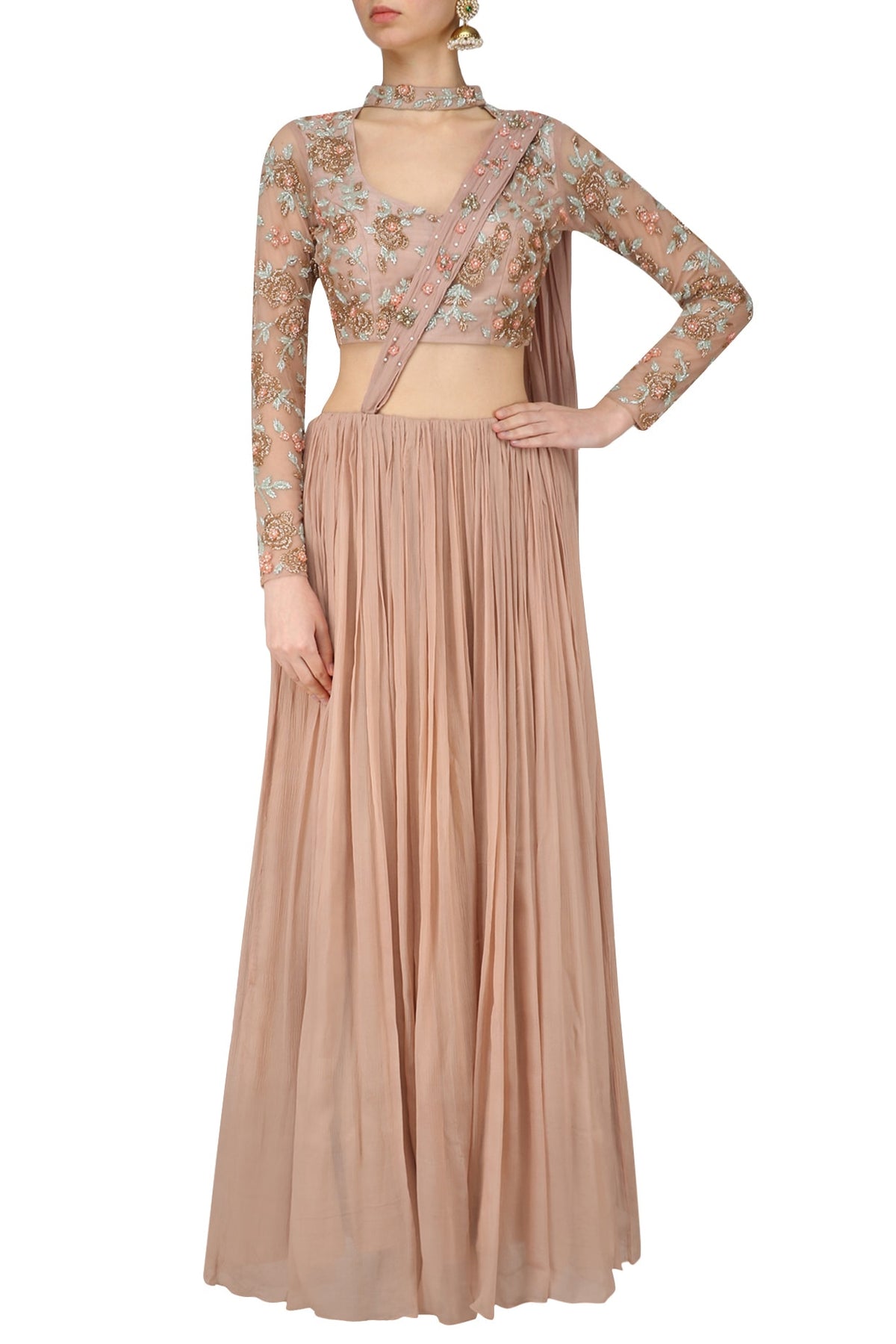 Nude Rose Embroidered Choker Crop Top with Crushed Skirt