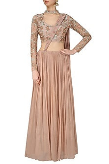 Nude Rose Embroidered Choker Crop Top with Crushed Skirt