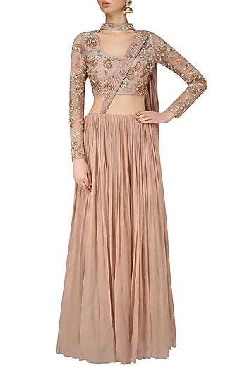 Nude Rose Embroidered Choker Crop Top with Crushed Skirt